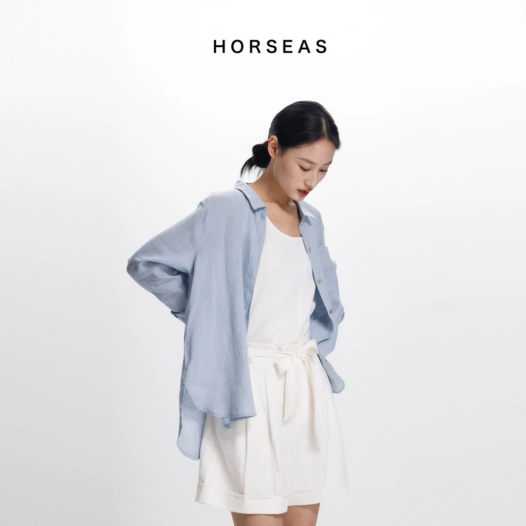 纯汉麻宽松简约休闲松弛感翻领衬衫纯色春夏