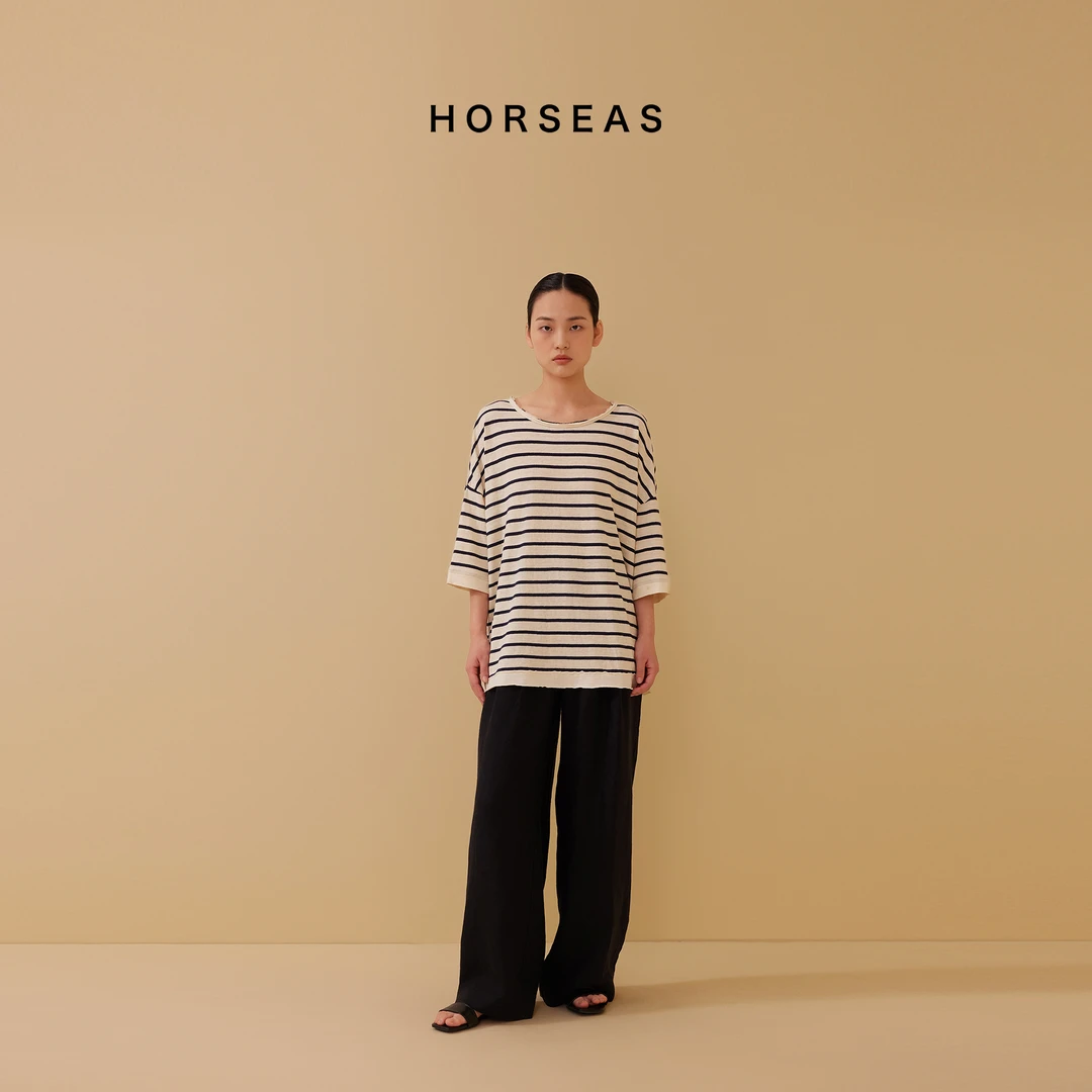 THE HORSEAS/海边的马宽松慵懒感汉麻棉混纺百搭条纹短袖针织T恤