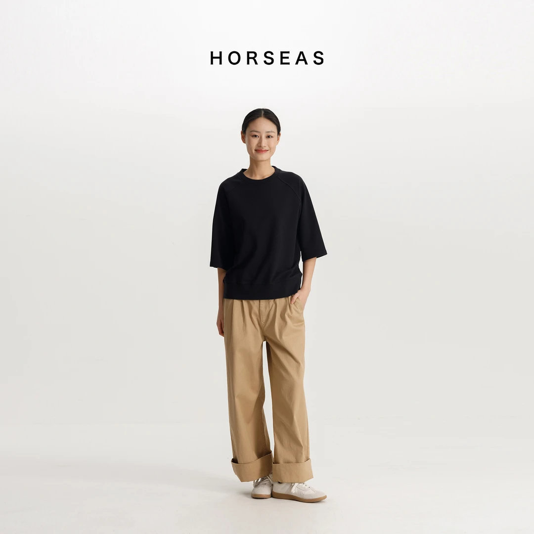 THE HORSEAS/海边的马秋冬新款百搭汉麻棉混纺毛圈7分袖卫衣简约