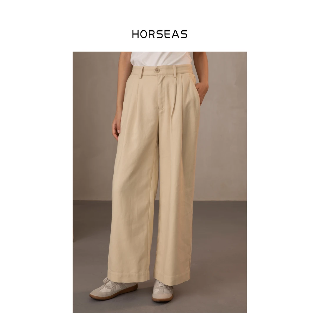 THE HORSEAS/海边的马汉麻混纺宽松捏褶时尚慵懒松弛感秋冬阔腿裤