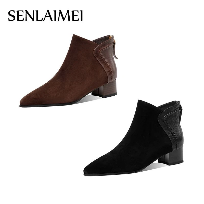 粗跟短靴/羊皮/单绒34-41/8171复古尖头新款真皮法式百搭加绒女靴