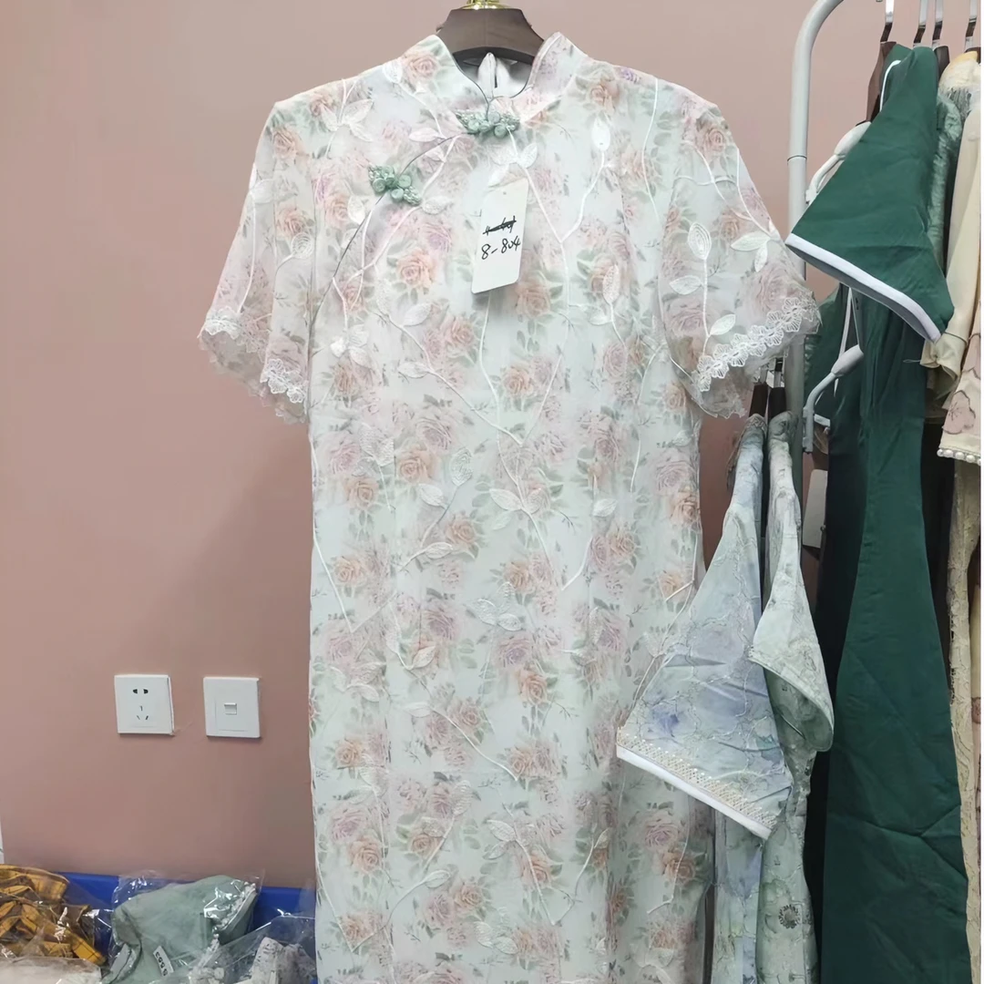 子路 8-804 粉花中长110CM改良 旗袍