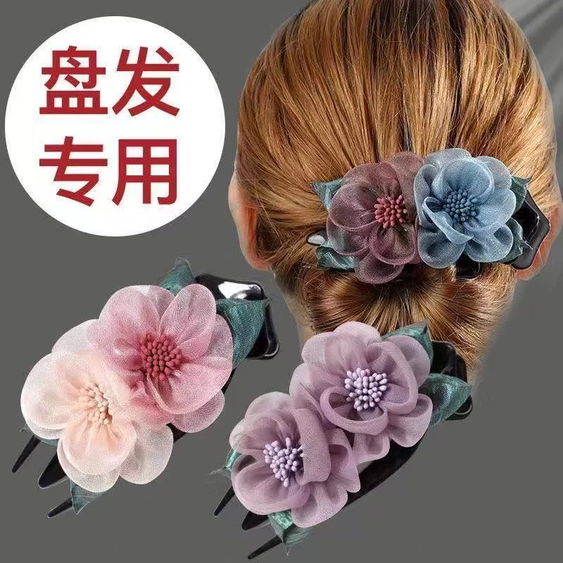 大号抓夹妈妈鸭嘴夹三齿夹盘发抓夹女绢纱头花后脑勺发卡发抓头饰