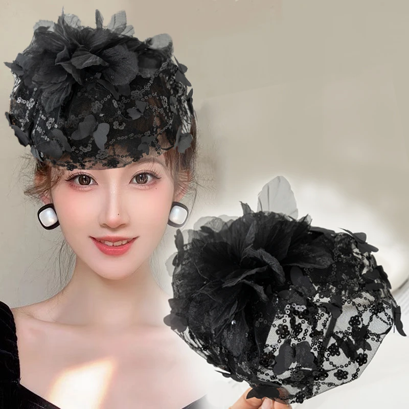新款轻奢羽毛半帽发箍女洋气遮白发头箍法式晚宴礼帽外出发卡头饰