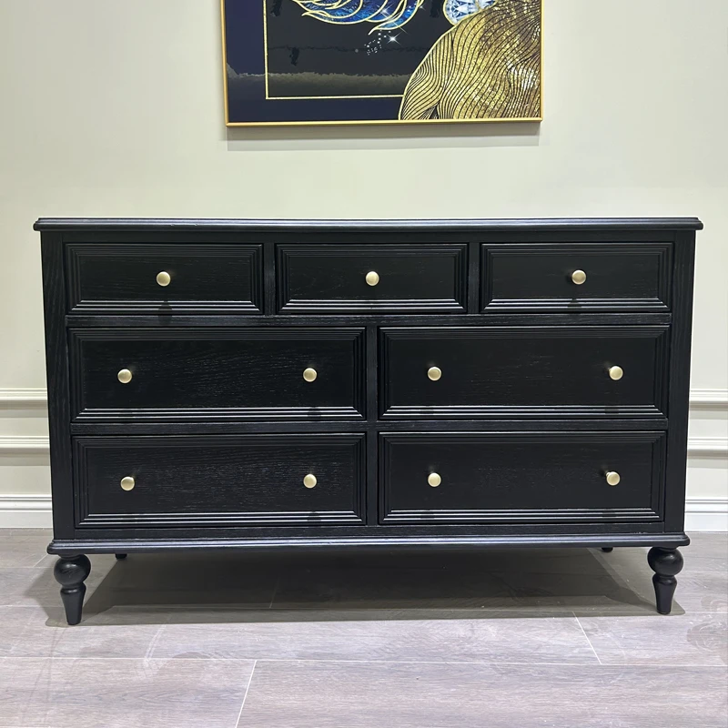 红橡木七斗柜法式复古美式全实木斗柜黑色中古风卧室储物收纳柜