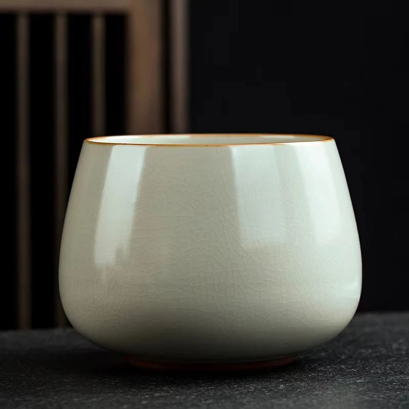 米黄汝窑可开片养线家用中式大号茶道陶瓷洗杯用大容量茶渣缸茶洗
