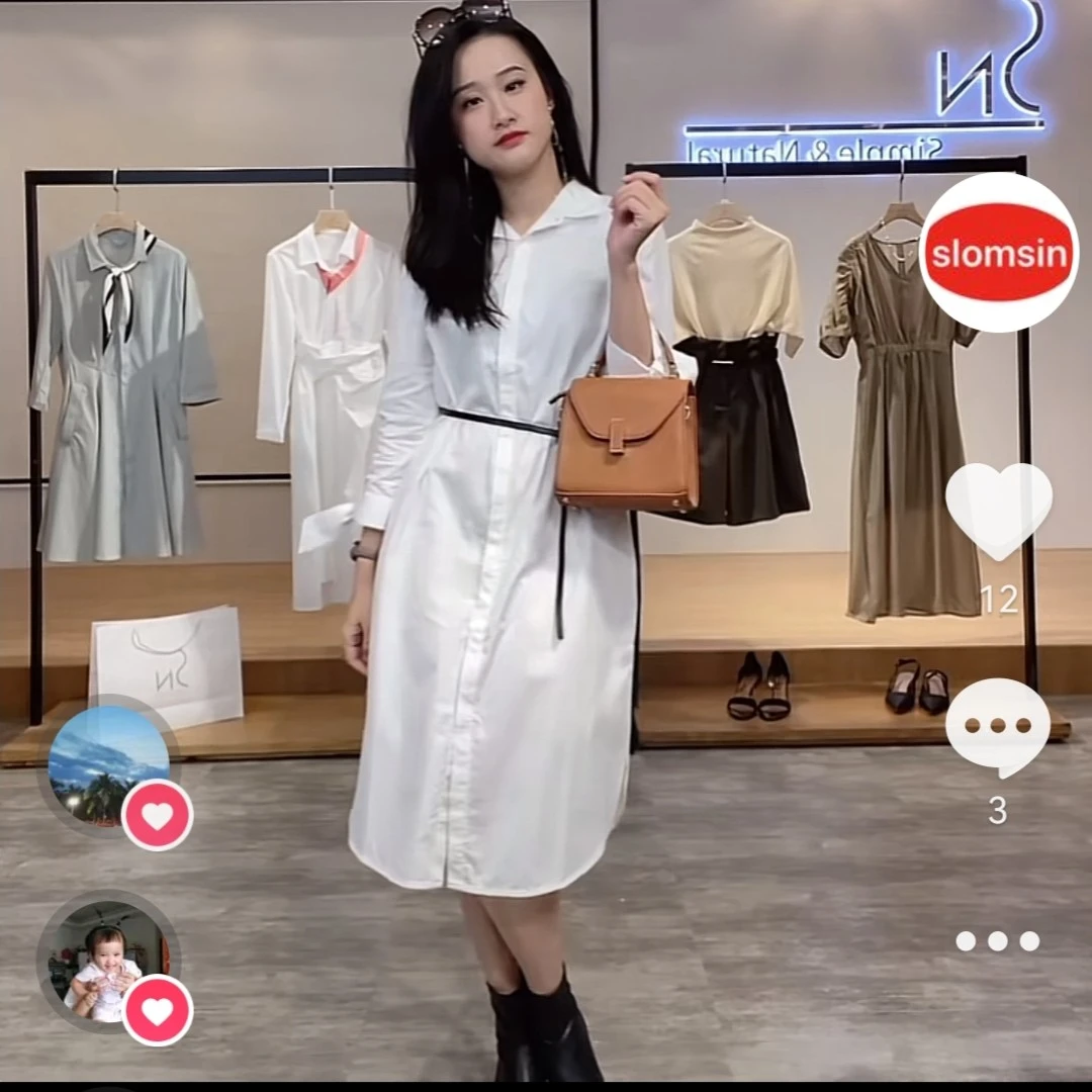 slomsin/新珑新SN春秋夏季衬衫气质收腰款时尚小众连衣裙中长款