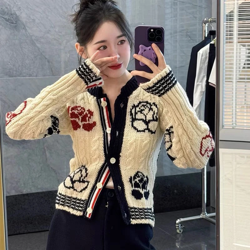 TB玫瑰提花羊毛开衫四条杠针织上衣女外套时尚百搭2024年秋冬新款