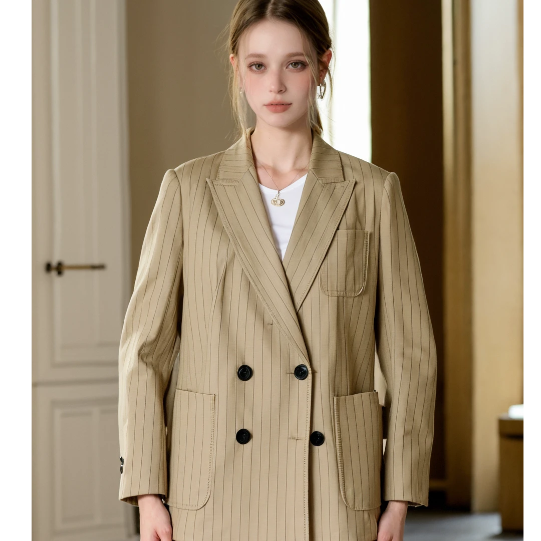 丽某莫精选女装新款洋气通勤气质杏色条纹外套-1510