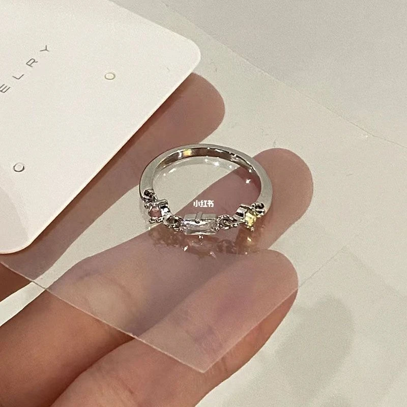 合金戒指 商店链条拼接戒指女小众设计感百搭彩色锆石