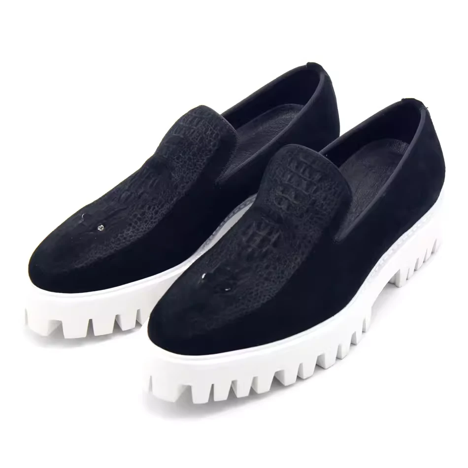 JINIWU吾倪季 情有独钟的大白底 黑绒鳄鱼压纹 松糕手工纯皮厚底