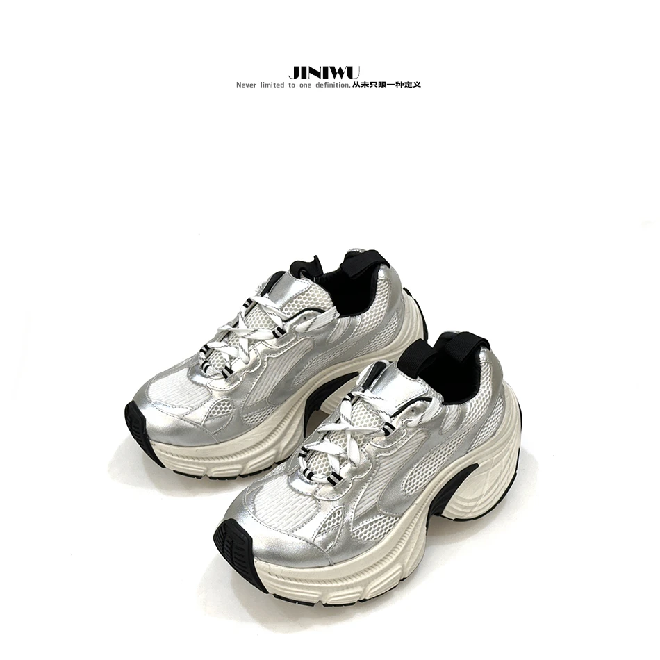 JINIWU2025新品老爹鞋银白增高牛皮原创8CM运动鞋潮爆流行休闲鞋