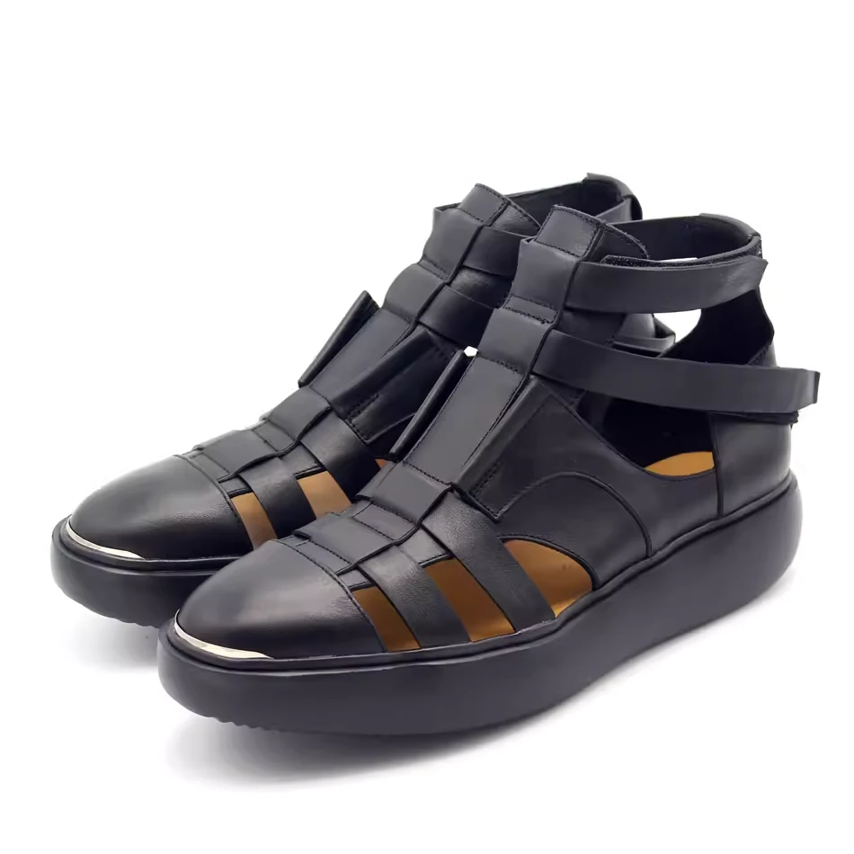 JINIWU2025厚底凉鞋经典升级街头纯手工牛皮罗马鞋镂空松糕凉靴子