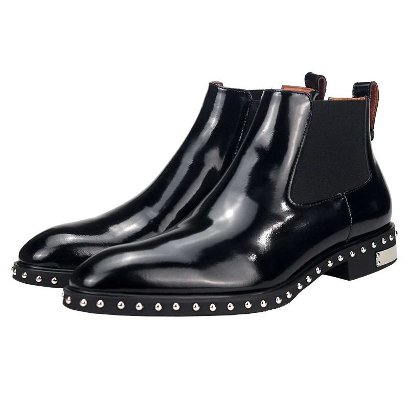 JINIWU吾倪季2025尖头切尔西靴手工铆钉底光面靴套筒松紧带潮短靴