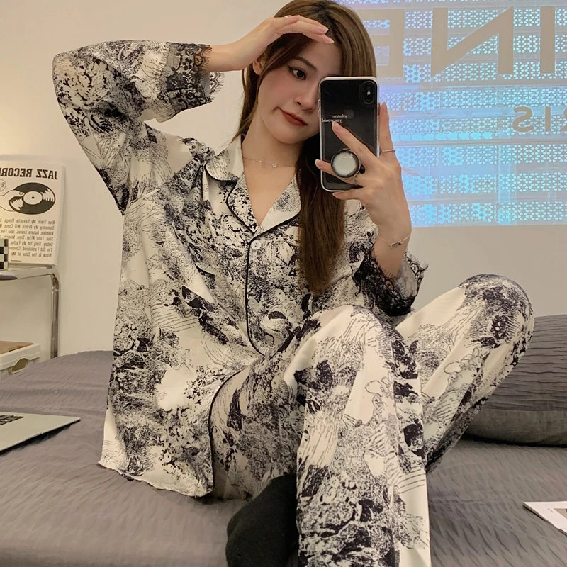 Y531-Y533【三色可选】睡衣女春秋季冰丝薄款长袖两件套时尚家居服