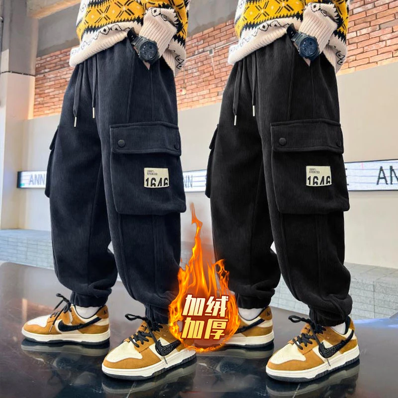 男童冬季加绒裤子2023新款儿童秋冬季休闲中大童一体绒灯芯绒长裤