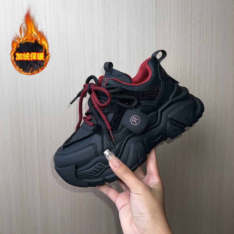 网红时尚水钻厚底休闲老爹鞋女2024新款秋冬加绒保暖百搭运动鞋子