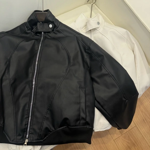 【逗逗】美式复古立领机车皮衣男女款夹棉潮牌设计感短款垫肩外套