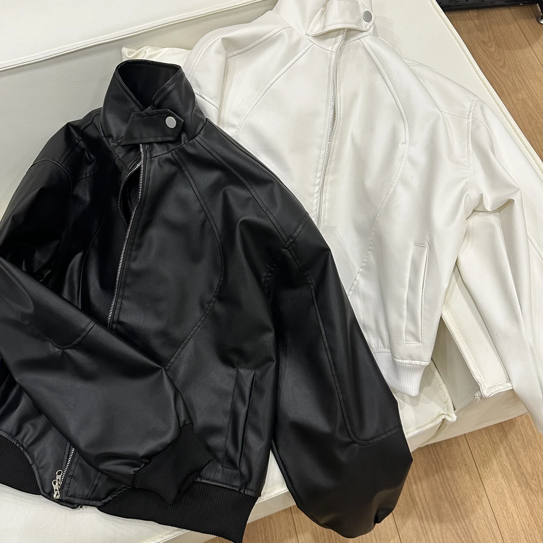 【慌慌】美式复古立领机车皮衣男女款潮牌宽松设计感短款垫肩外套