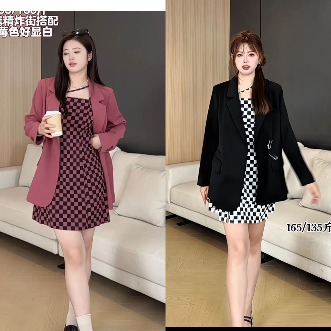 琦琦微胖定制~【罗尼西梅】秋季气质显瘦西服外套格子裙套装【HC320】