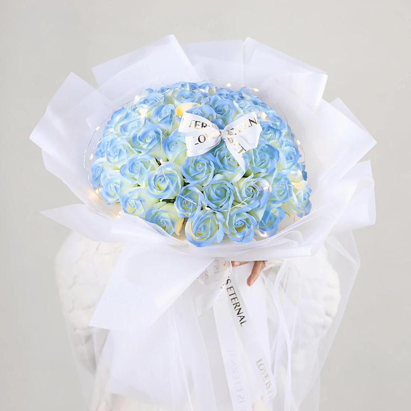 碎冰蓝玫瑰花仿真花假花情人节送老婆女友闺蜜生日礼物香皂花花束