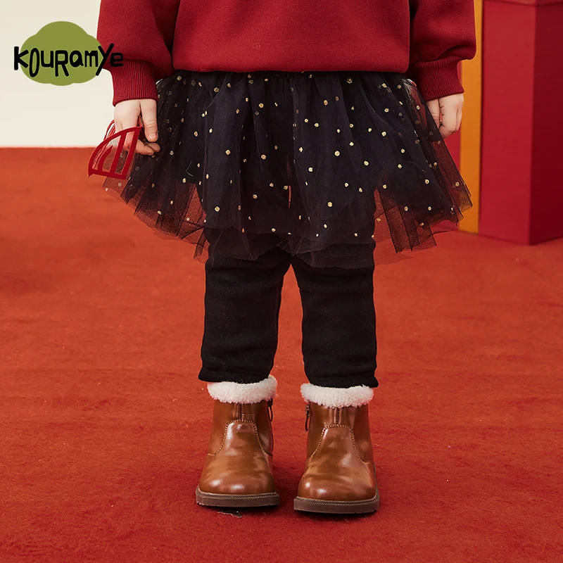 酷娃米秋冬新款中小女宝宝舒适百搭假两件加绒打底网纱裙裤70377