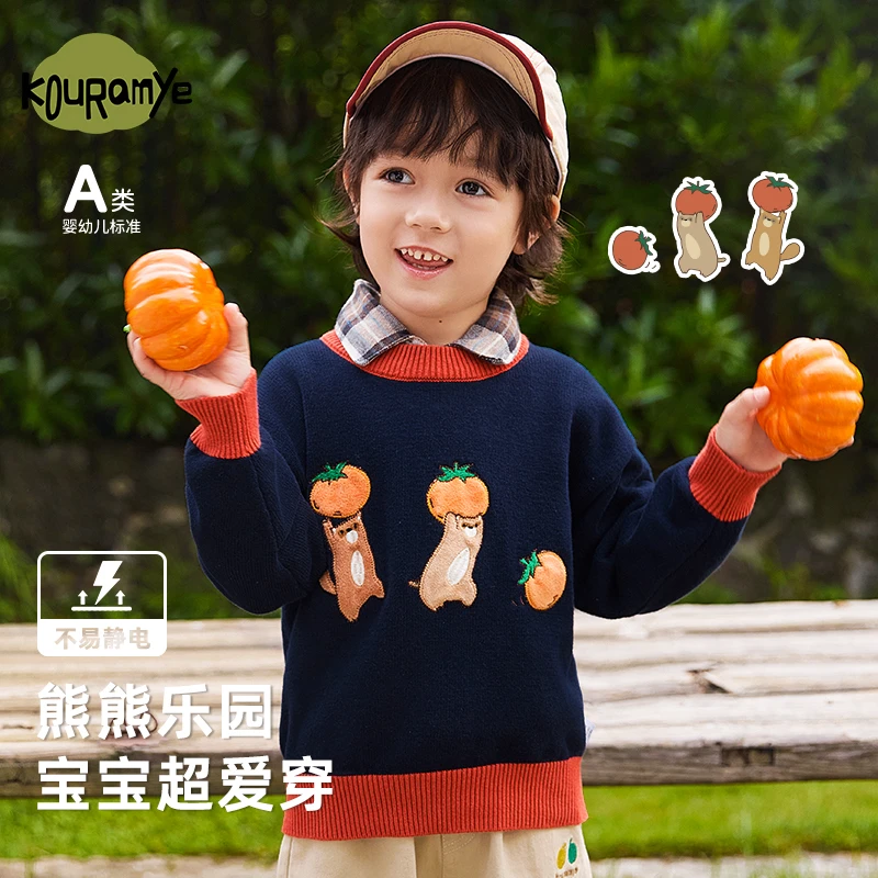酷娃米春秋季新款儿童毛衣中小男女童时尚小熊乐园圆领毛衣4509