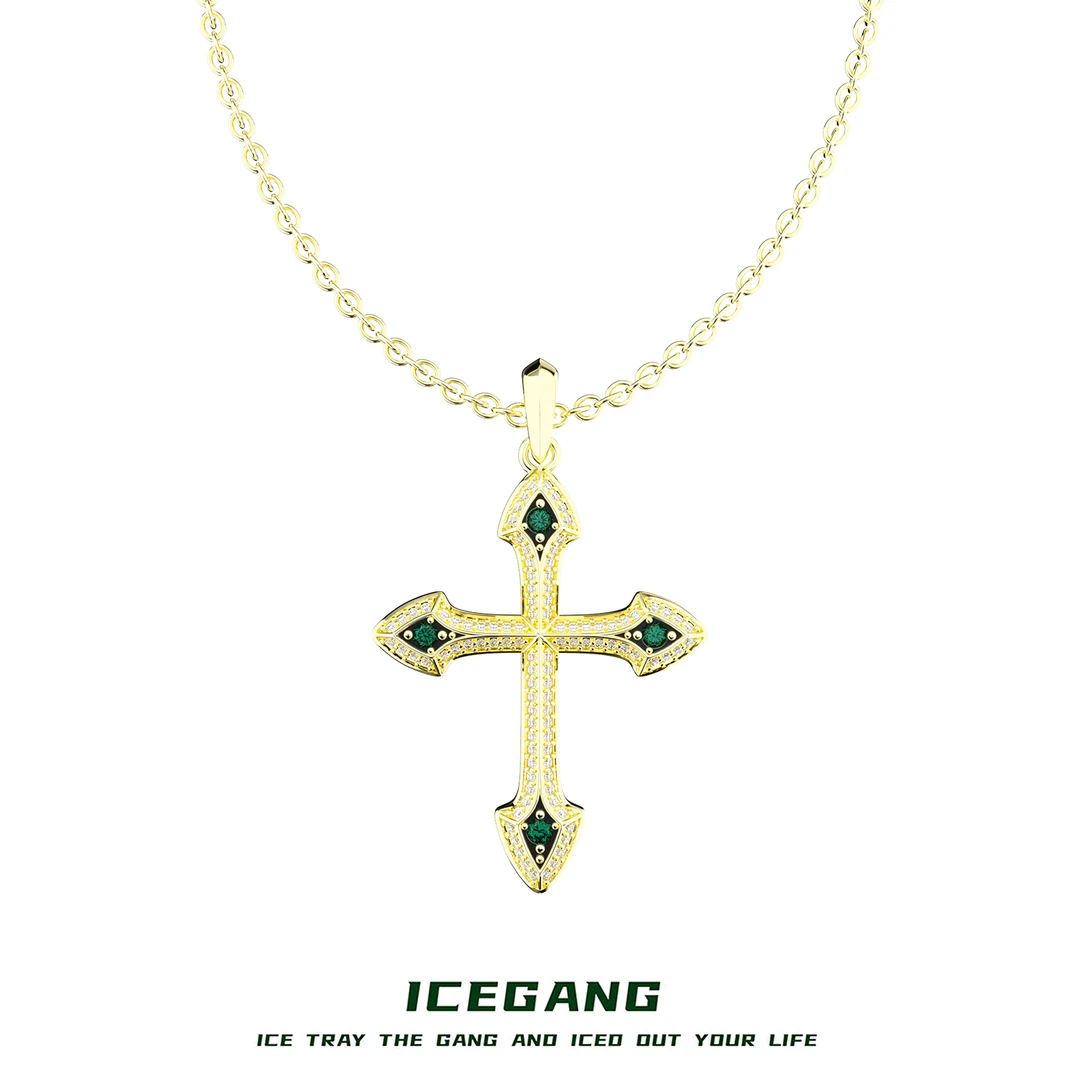 铜合金合成锆石吊坠 ICEGANG菱形金绿十字架吊坠高级男女潮流项链