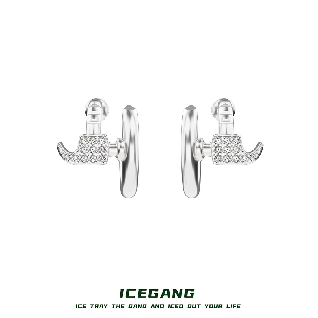 铜合金合成锆石耳饰 ICEGANG锤子S925银针防过敏满钻耳钉耳饰男女