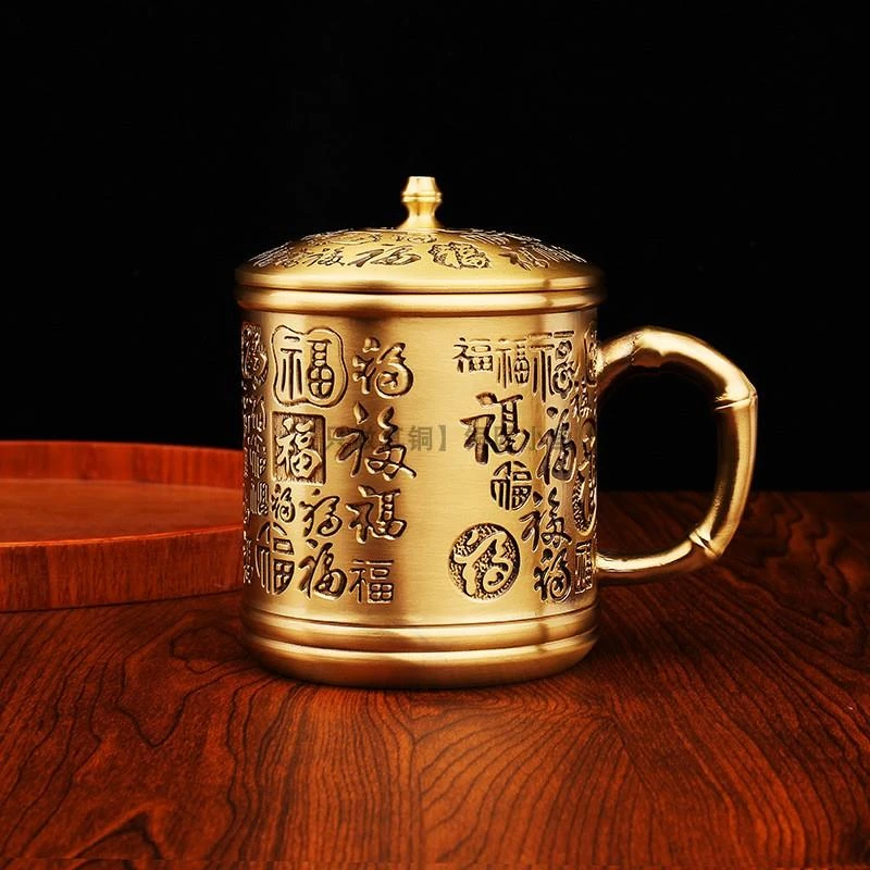 纯铜茶杯老式茶缸黄铜竹节百福杯大号带把带盖70年代喝茶杯茶水杯