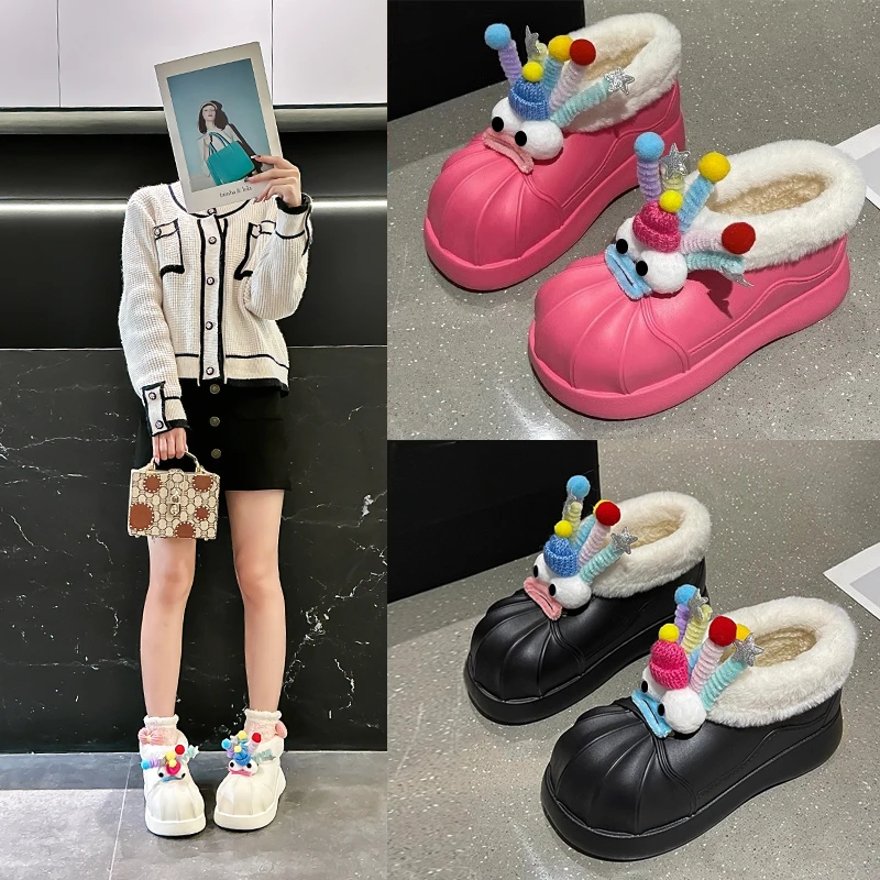 远港卡通毛毛雪地靴女2024冬季新款网红加绒保暖厚底防滑防水棉鞋