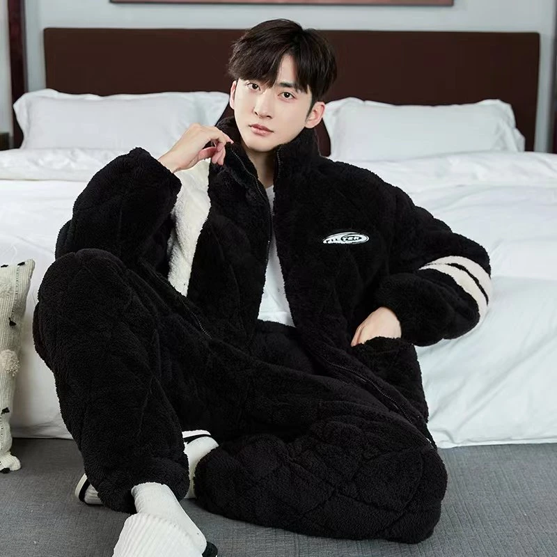 慕斯【立领条纹】三层夹棉睡衣男加绒加厚冬季保暖家居服可外穿