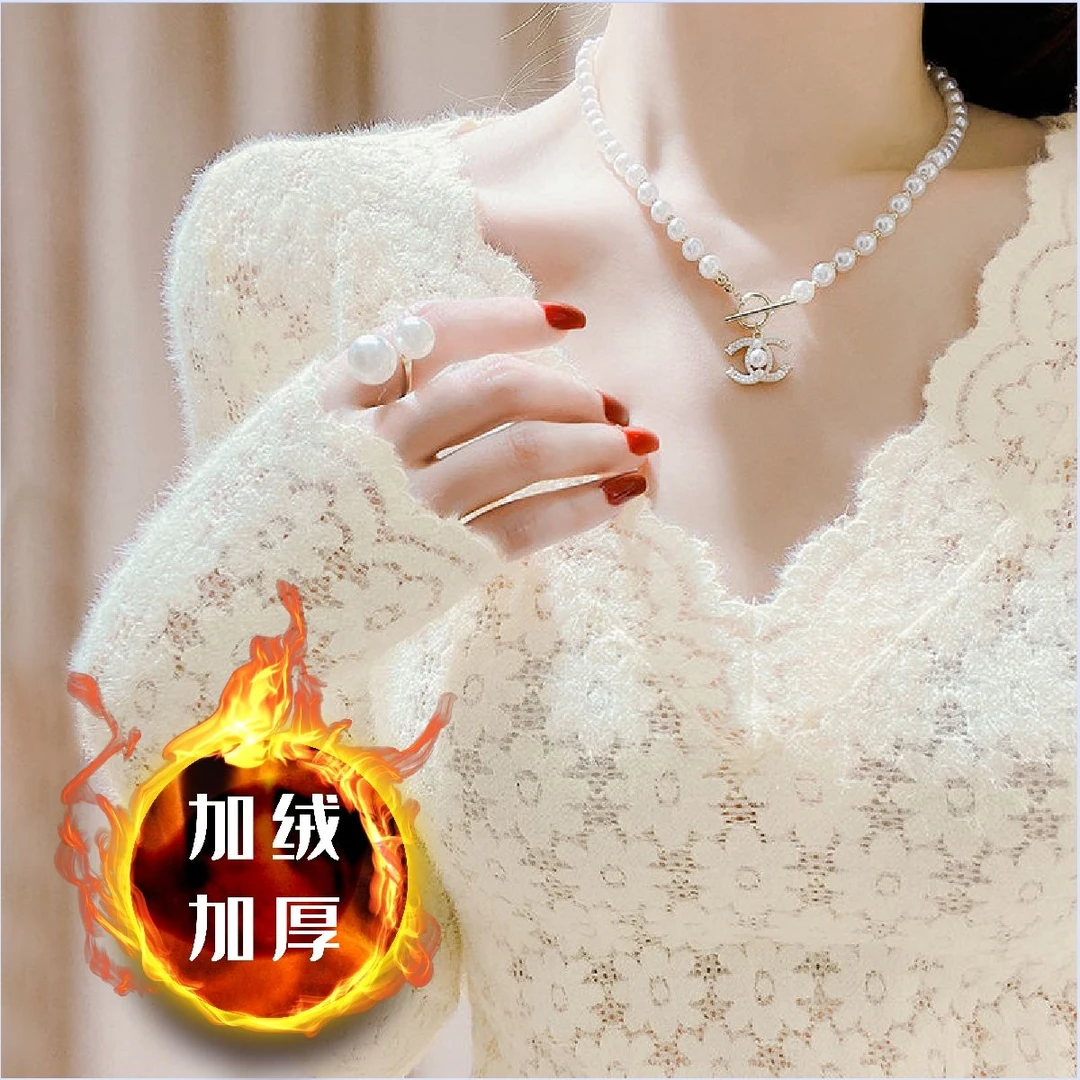 新款v领蕾丝加绒加厚打底衫女欧货时尚小衫内搭气质洋气长袖上衣
