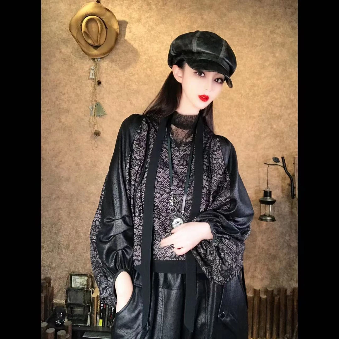 原创设计高端秋冬女装设计师气质时尚宽松拼接百搭套装圆领灰黑花