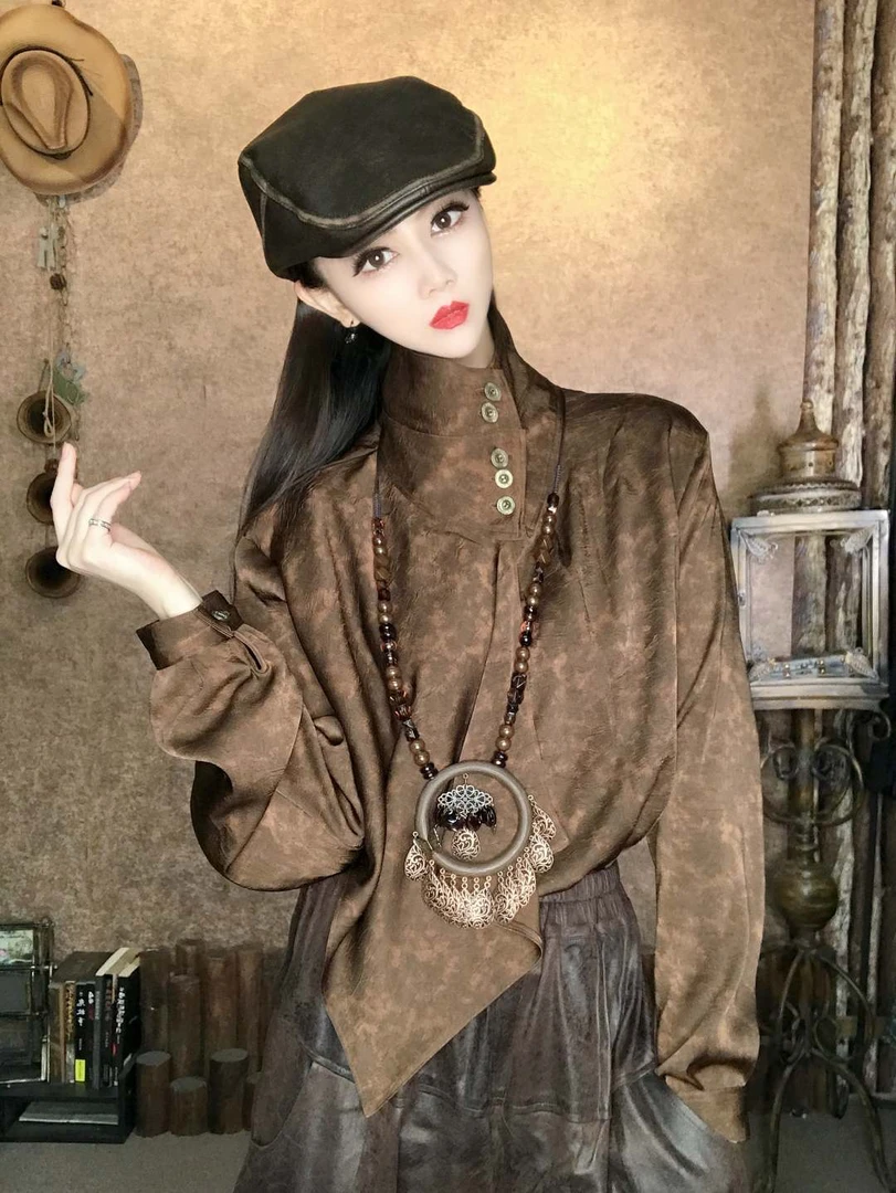 原创设计高端衬衫气质长袖时尚复古设计师宽松女装