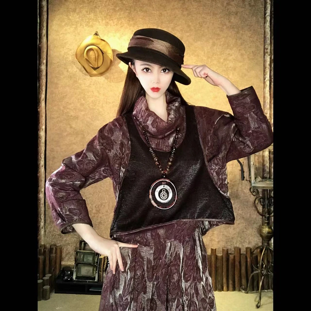 原创设计秋冬高领新款高端女装拼接时尚气质巴黎风三件套休闲女装