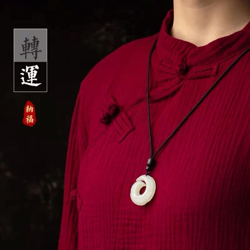 铜合金仿水晶项链 玉色转转平安扣古风项链挂件礼百搭双面精雕ins