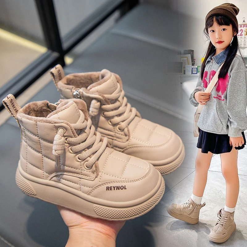 冬季新款儿童加绒棉鞋男童保暖雪地靴女童加厚时尚侧拉链短靴ins