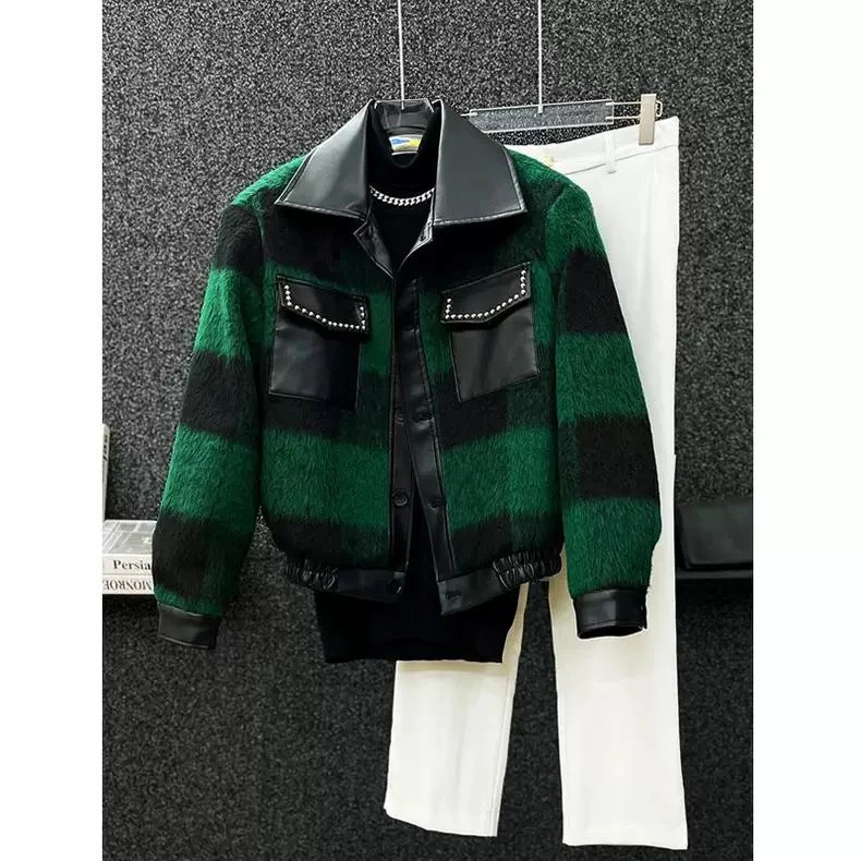 秋冬新款加棉夹克男设计感宽松拼皮小香风短款外套痞帅百搭上衣潮