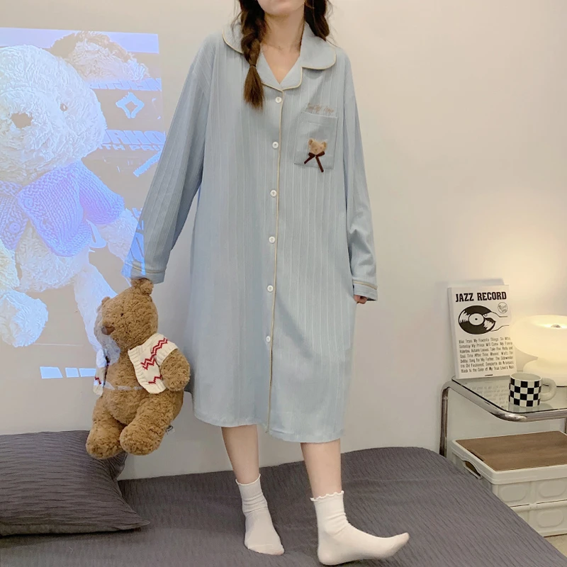 精梳棉春秋睡衣女秋季新款2022中长款睡裙女士甜美可外穿家居服