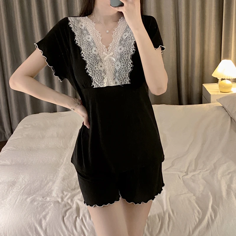 夏季带胸垫睡衣莫代尔棉女款爆款2025新款短袖蕾丝V领家居服套装
