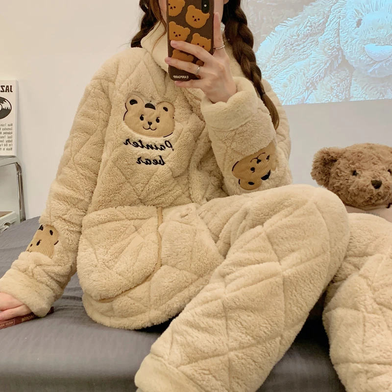 冬季三层夹棉睡衣女士加厚加绒珊瑚绒法兰绒冬款可外穿家居服套装