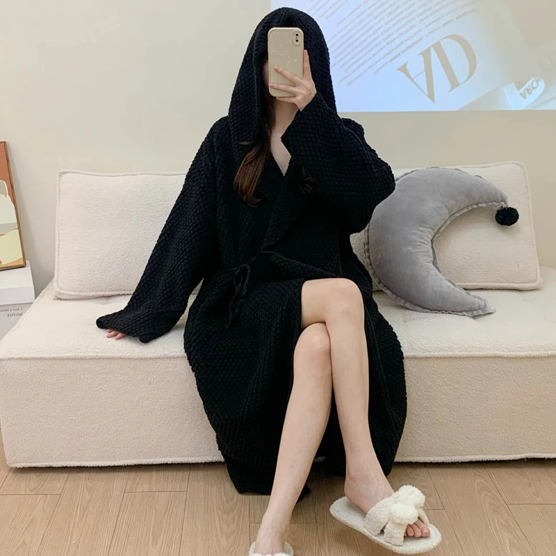 秋冬珊瑚绒法兰绒冬季新款中长款睡袍浴袍加绒加厚连帽大码家居服