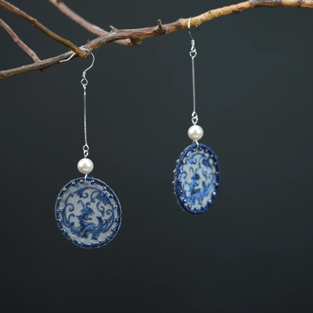 非金属布艺耳饰 苏绣法绣凤凰苏绣耳环蓝色气质时尚百搭