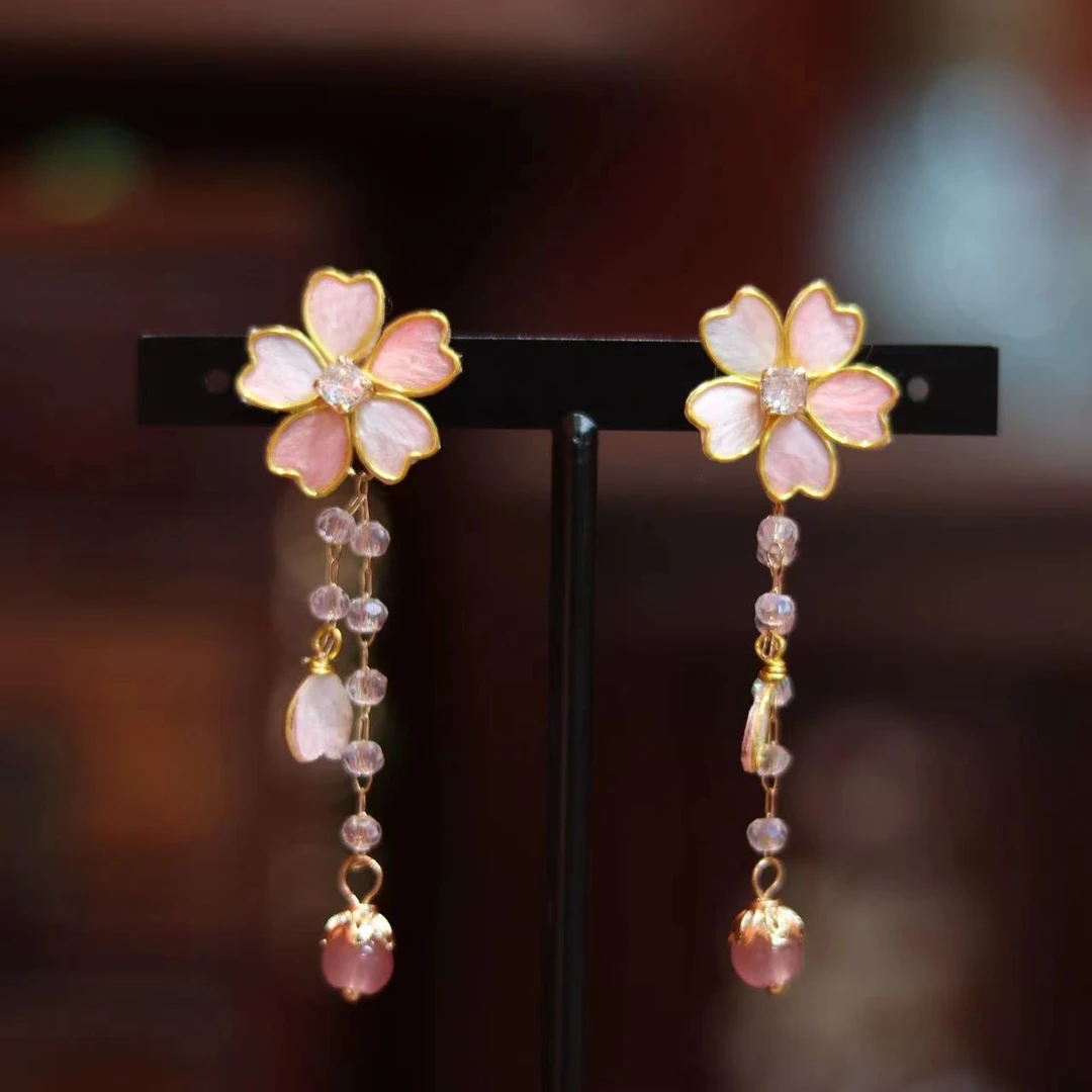 非遗绒花纯手工桑蚕丝粉樱花耳钉日常