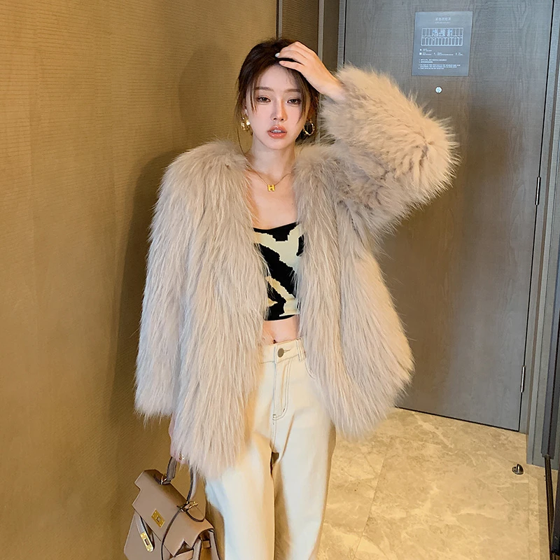 海宁仿貉子毛加棉外套女气质网红中长款毛毛大衣2024新款时尚显瘦
