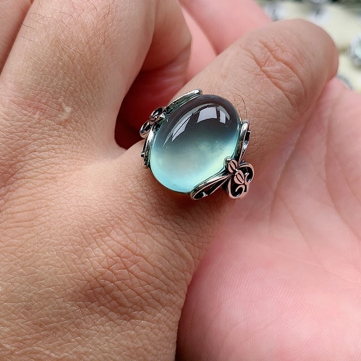蛇纹石玉戒指银S925镶嵌清****