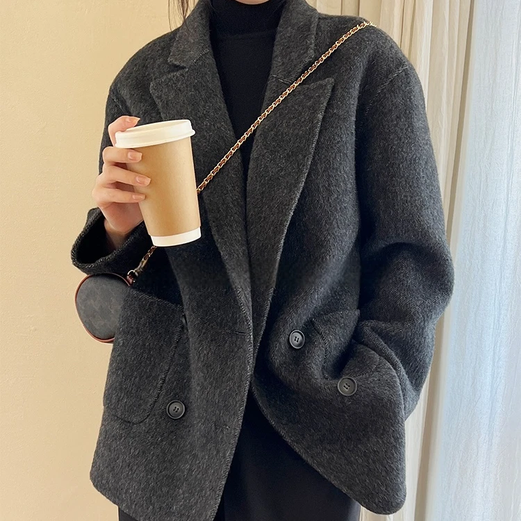 2025年韩版宽松双面羊毛大衣女短款西装休闲显瘦绵羊毛呢大衣外套