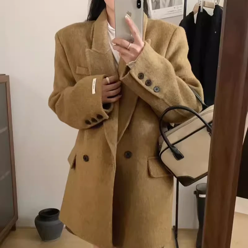 HUAJI双面羊毛大衣女加厚短款韩版宽松小西装绵羊毛呢外套女