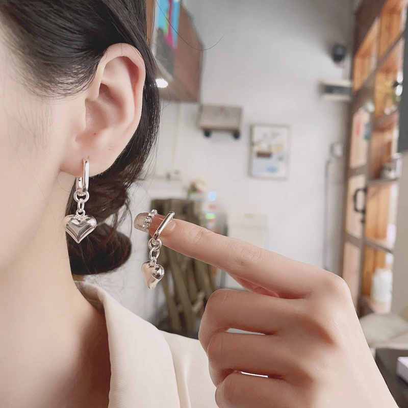 AISHALI 925银耳饰 立体爱心吊坠长款耳环韩版i甜美气质百搭耳饰